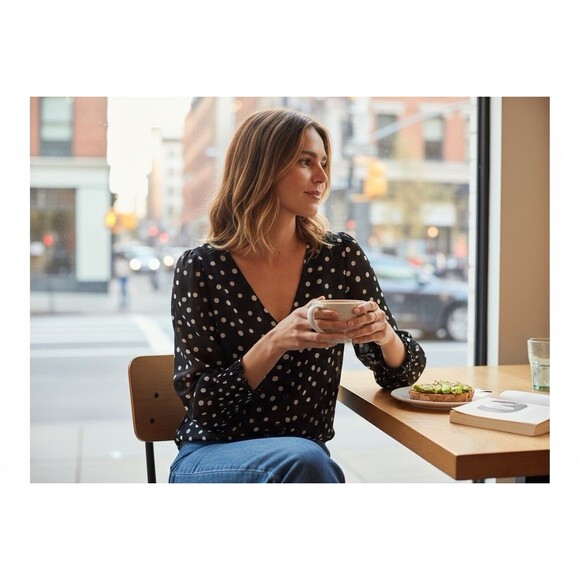 Retro Polka Dot Chiffon Button Blouse Black White Smocked Cuffs Sz 4 Retro Chic - Picture 1 of 15